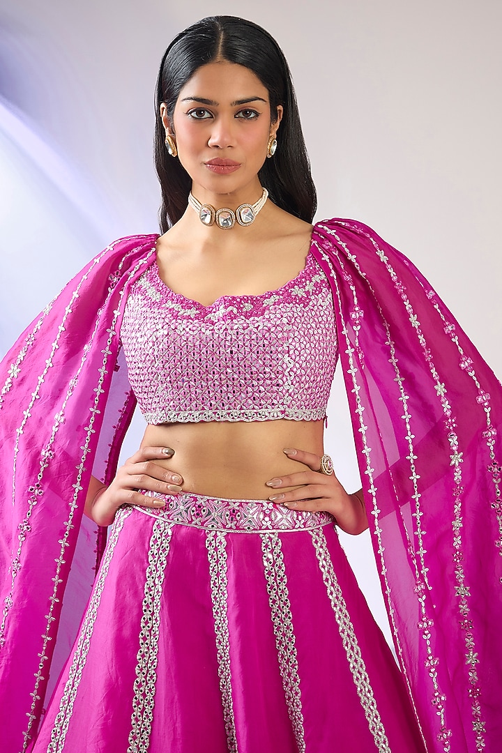 Hot Pink Organza Embroidered Kalidar Bridal Lehenga Set by Aneesh Agarwaal at Pernia's Pop Up Shop