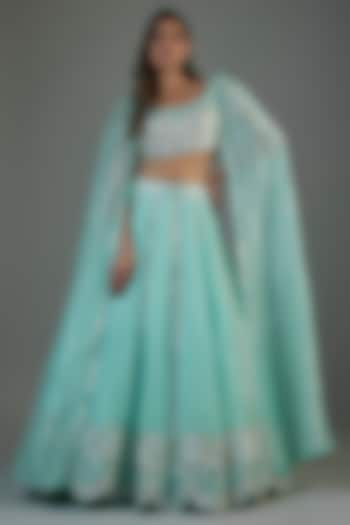 Aqua Organza Embroidered Bridal Lehenga Set by Aneesh Agarwaal at Pernia's Pop Up Shop