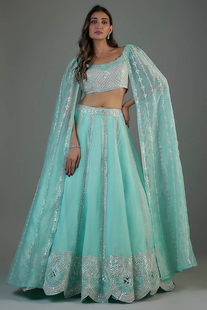 Aqua Organza Embroidered Bridal Lehenga Set by Aneesh Agarwaal at Pernia's Pop Up Shop