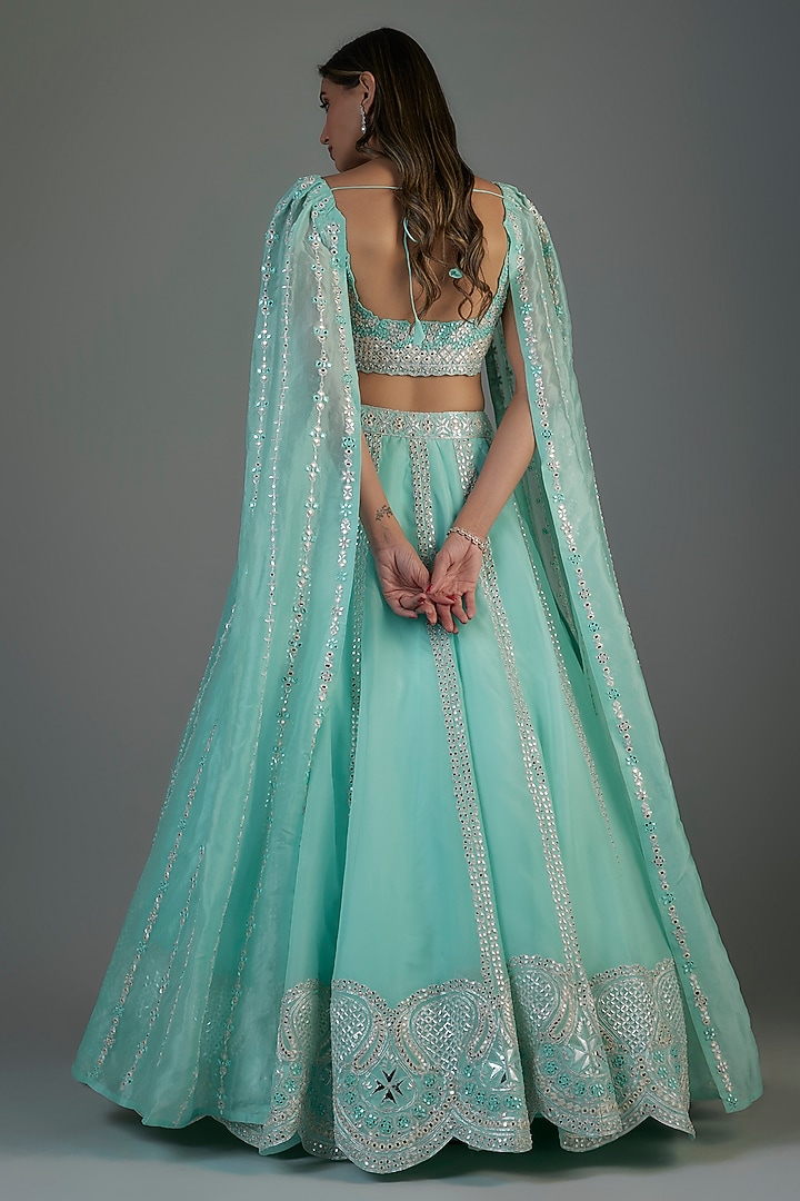 Aqua Organza Embroidered Bridal Lehenga Set by Aneesh Agarwaal at Pernia's Pop Up Shop
