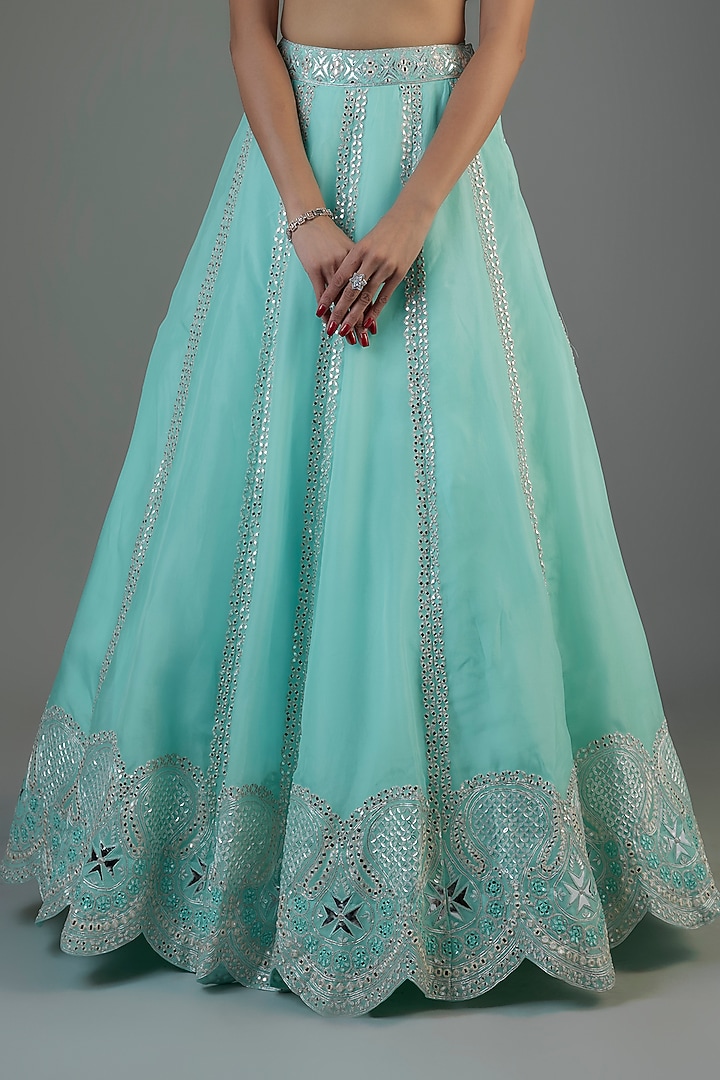 Aqua Organza Embroidered Bridal Lehenga Set by Aneesh Agarwaal at Pernia's Pop Up Shop