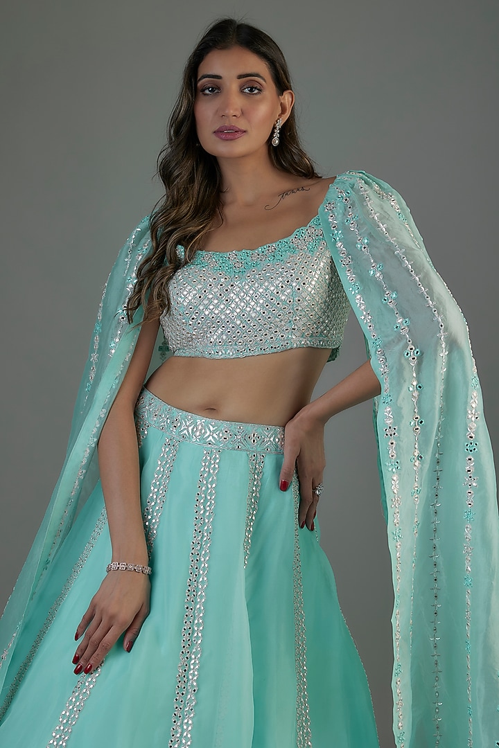 Aqua Organza Embroidered Bridal Lehenga Set by Aneesh Agarwaal at Pernia's Pop Up Shop