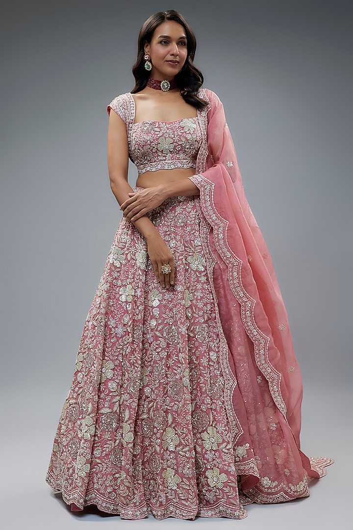 Rose Organza Embroidered Bridal Lehenga Set by Aneesh Agarwaal at Pernia's Pop Up Shop