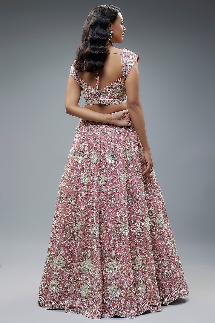 Rose Organza Embroidered Bridal Lehenga Set by Aneesh Agarwaal at Pernia's Pop Up Shop