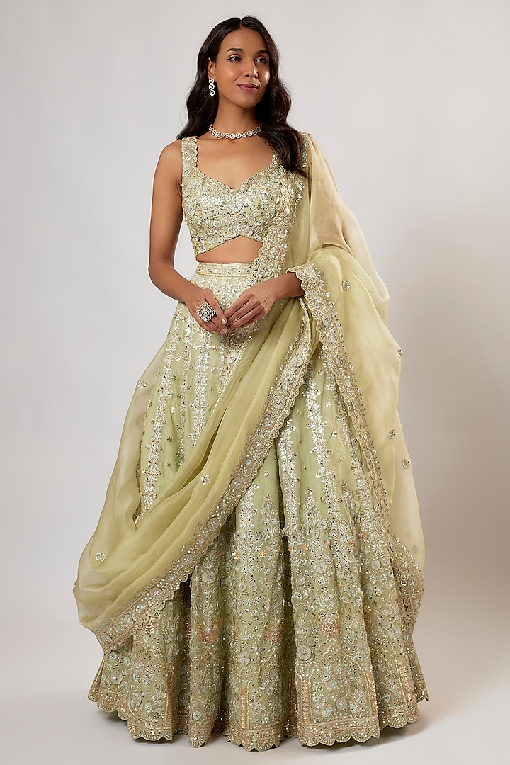 Sage Green Organza Cutdana Embroidered Bridal Lehenga Set by Aneesh Agarwaal at Pernia's Pop Up Shop