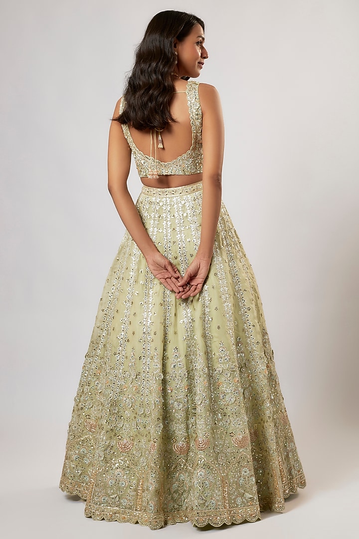 Sage Green Organza Cutdana Embroidered Bridal Lehenga Set by Aneesh Agarwaal at Pernia's Pop Up Shop