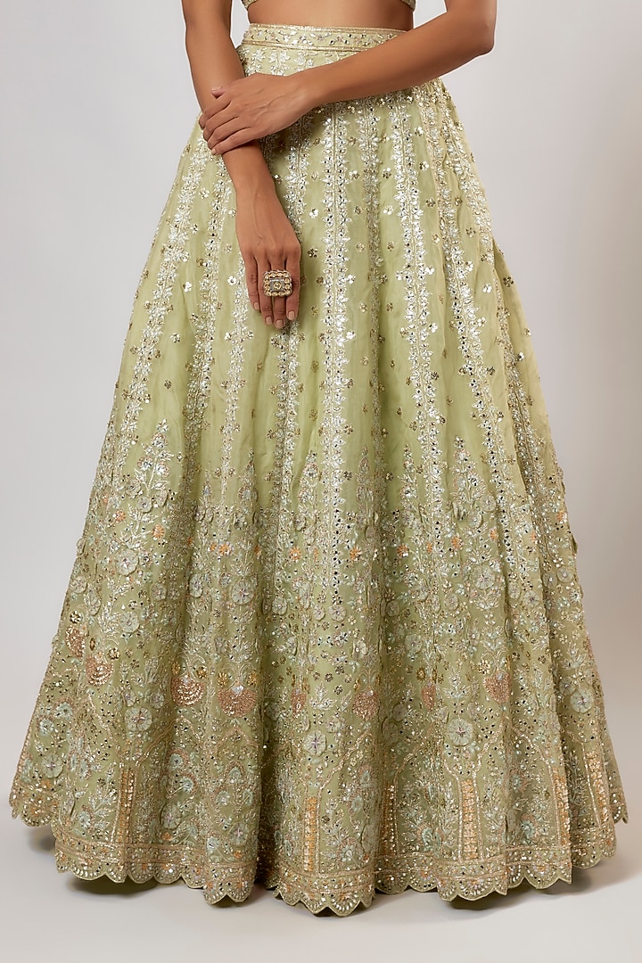 Sage Green Organza Cutdana Embroidered Bridal Lehenga Set by Aneesh Agarwaal at Pernia's Pop Up Shop