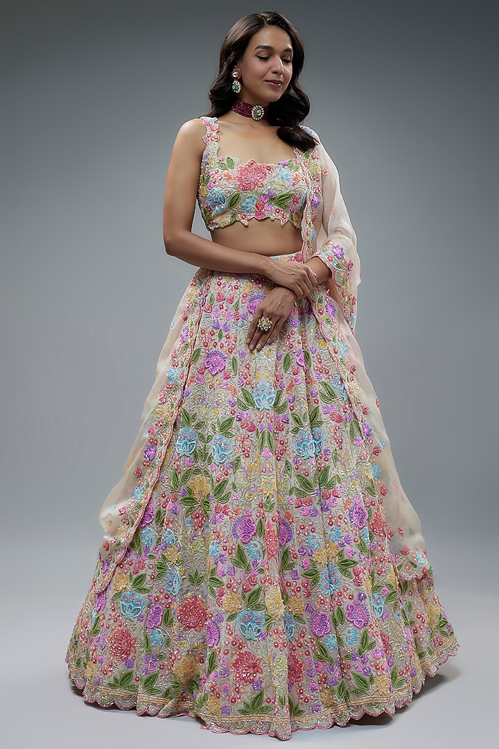 Ivory Organza 3D Embroidered Bridal Lehenga Set by Aneesh Agarwaal at Pernia's Pop Up Shop