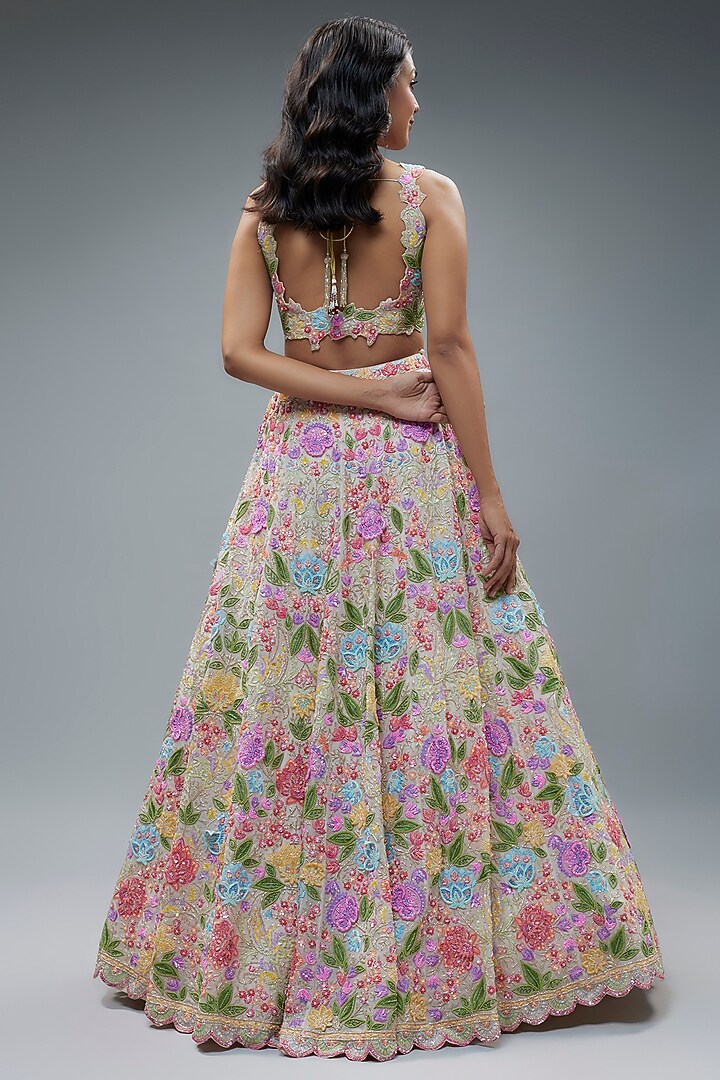 Ivory Organza 3D Embroidered Bridal Lehenga Set by Aneesh Agarwaal at Pernia's Pop Up Shop