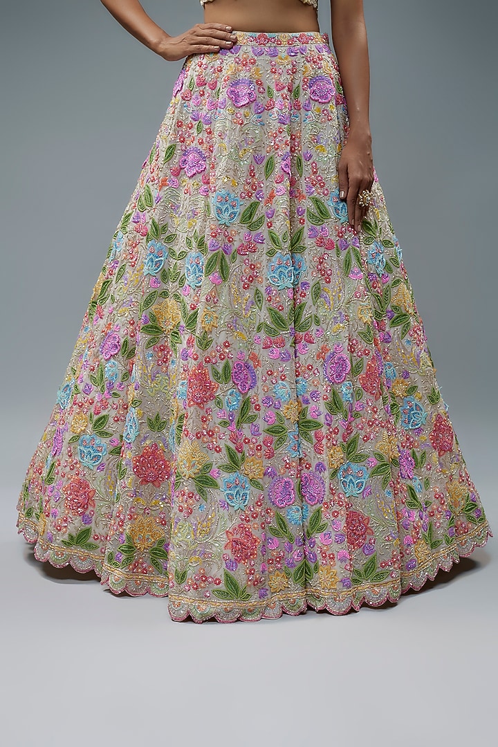 Ivory Organza 3D Embroidered Bridal Lehenga Set by Aneesh Agarwaal at Pernia's Pop Up Shop