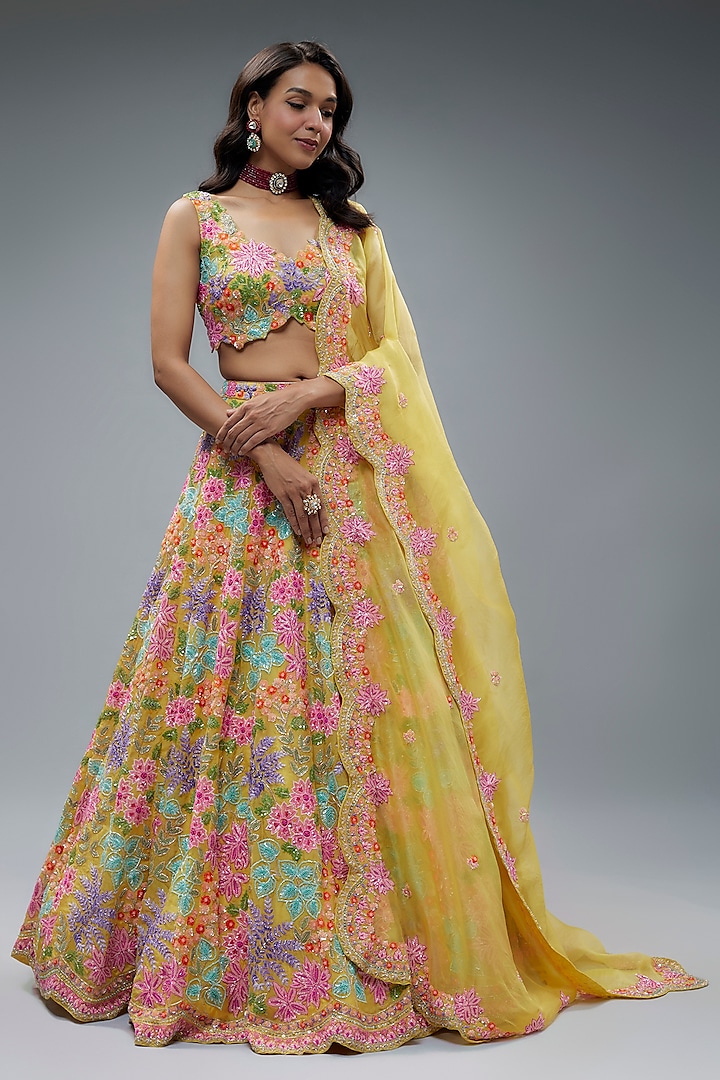 Multi-Colored Organza 3D Embroidered Bridal Lehenga Set by Aneesh Agarwaal at Pernia's Pop Up Shop