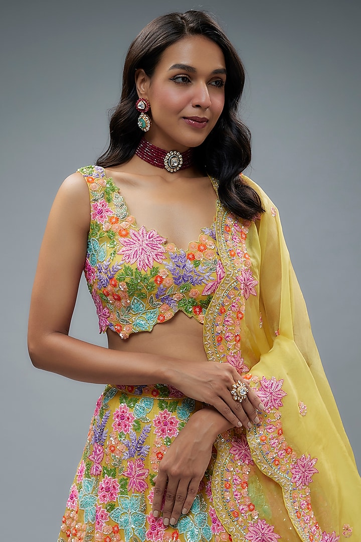 Multi-Colored Organza 3D Embroidered Bridal Lehenga Set by Aneesh Agarwaal at Pernia's Pop Up Shop