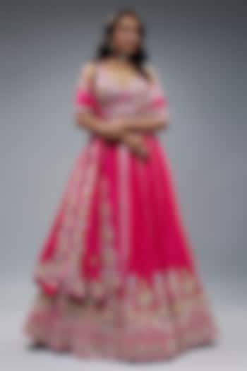 Fuchsia French Taffeta Silk Embroidered Bridal Lehenga Set by Aneesh Agarwaal at Pernia's Pop Up Shop