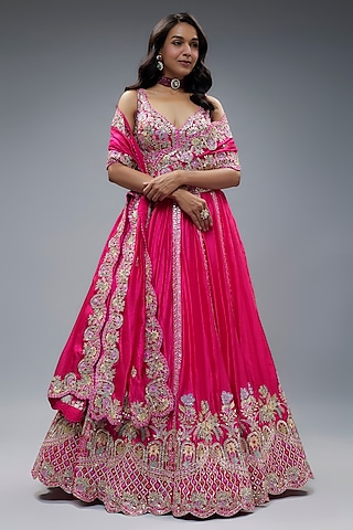 Fuchsia French Taffeta Silk Embroidered Lehenga Set by Aneesh Agarwaal