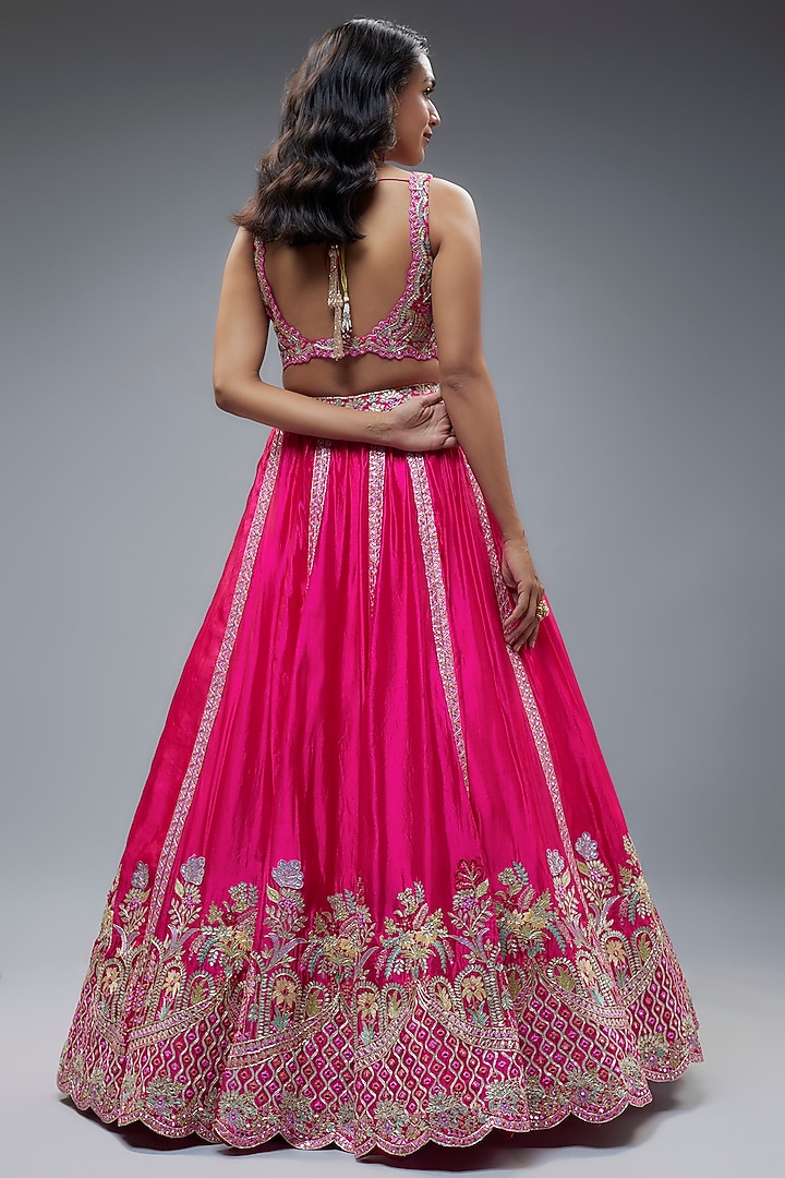 Fuchsia French Taffeta Silk Embroidered Bridal Lehenga Set by Aneesh Agarwaal at Pernia's Pop Up Shop