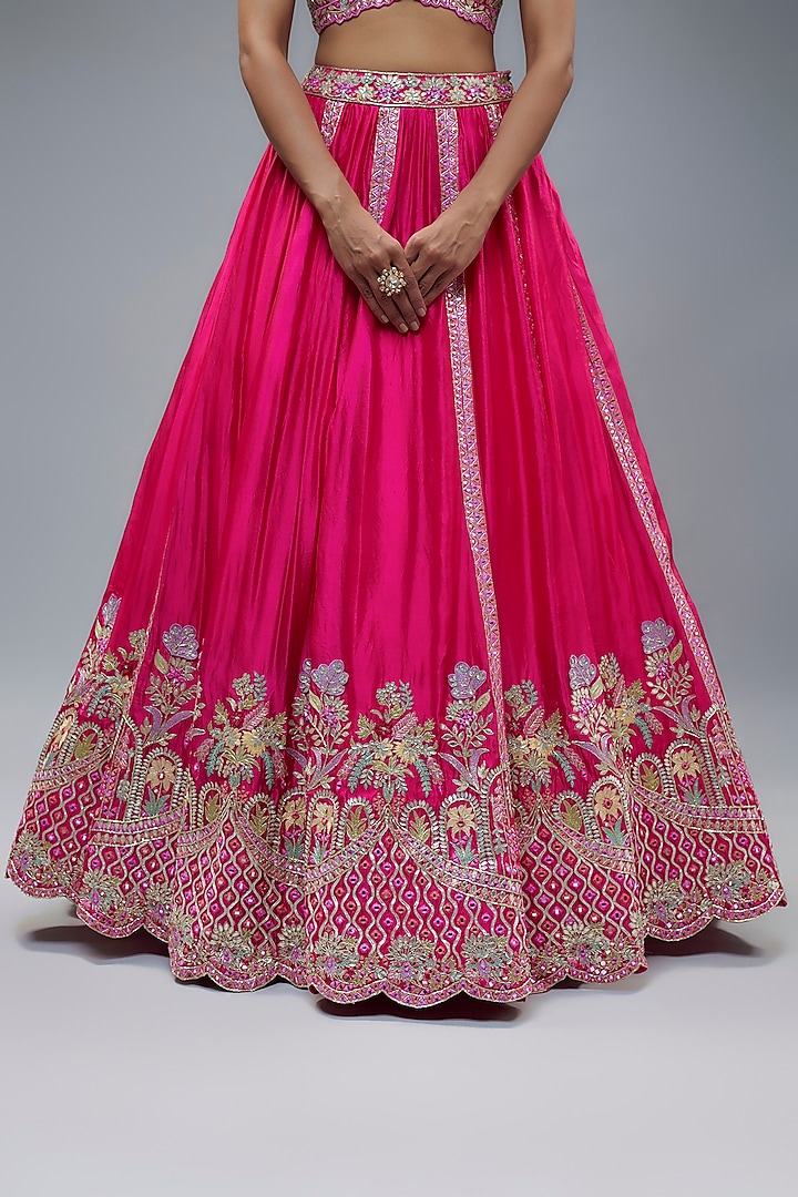 Fuchsia French Taffeta Silk Embroidered Bridal Lehenga Set by Aneesh Agarwaal at Pernia's Pop Up Shop