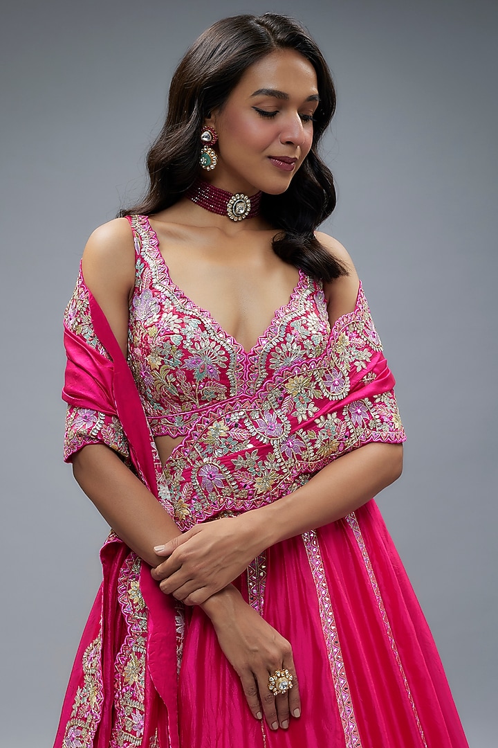 Fuchsia French Taffeta Silk Embroidered Bridal Lehenga Set by Aneesh Agarwaal at Pernia's Pop Up Shop