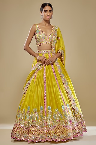 Lime Silk Embroidered Lehenga Set by Aneesh Agarwaal