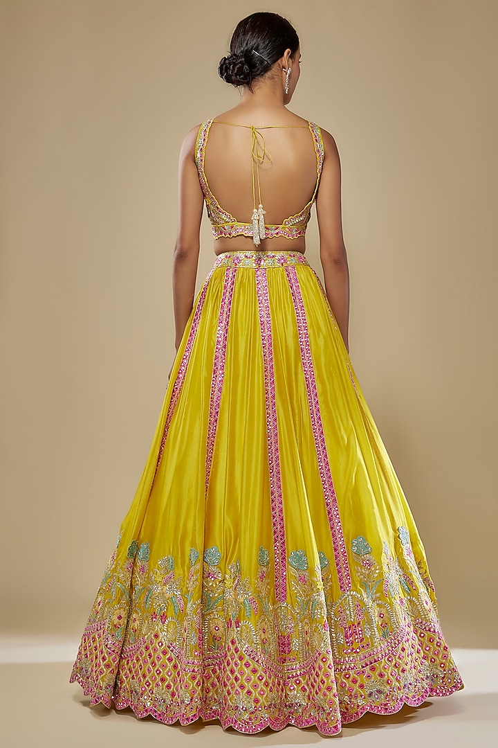 Lime Silk Embroidered Bridal Lehenga Set by Aneesh Agarwaal at Pernia's Pop Up Shop
