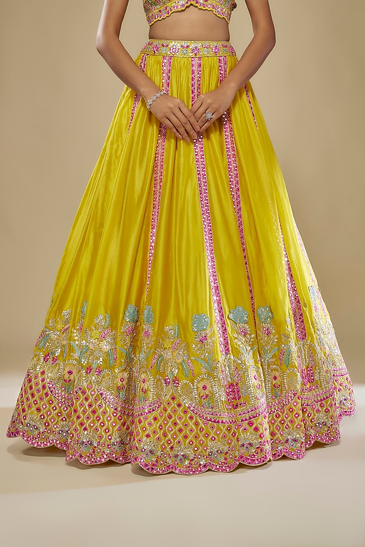 Lime Silk Embroidered Bridal Lehenga Set by Aneesh Agarwaal at Pernia's Pop Up Shop