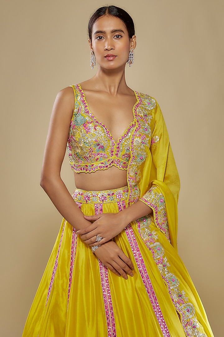Lime Silk Embroidered Bridal Lehenga Set by Aneesh Agarwaal at Pernia's Pop Up Shop