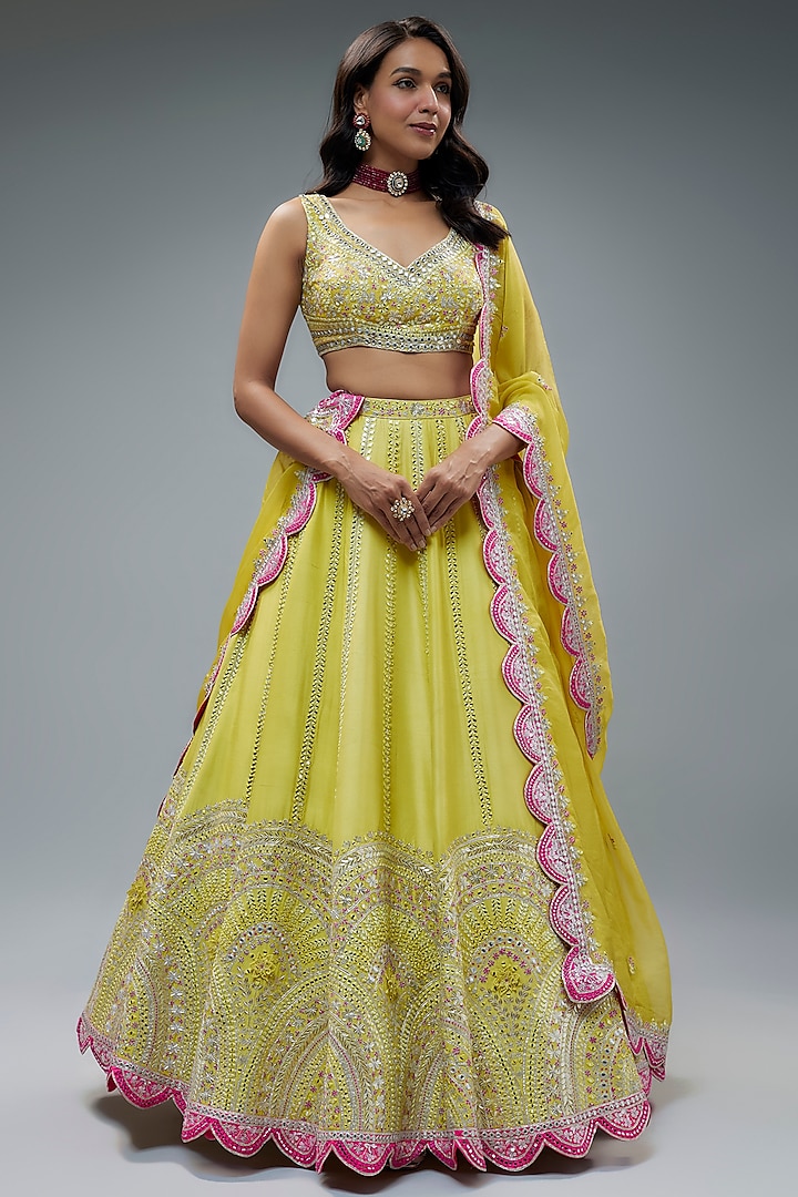 Lime Silk Kalidar Bridal Lehenga Set by Aneesh Agarwaal at Pernia's Pop Up Shop