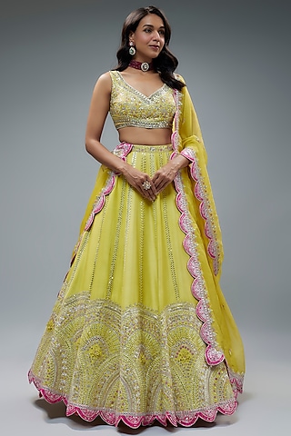 Lime Silk Kalidar Lehenga Set by Aneesh Agarwaal