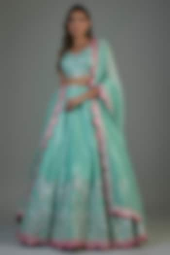 Aqua Organza Embroidered Bridal Lehenga Set by Aneesh Agarwaal at Pernia's Pop Up Shop