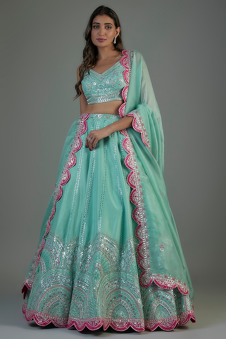 Aqua Organza Embroidered Bridal Lehenga Set by Aneesh Agarwaal at Pernia's Pop Up Shop