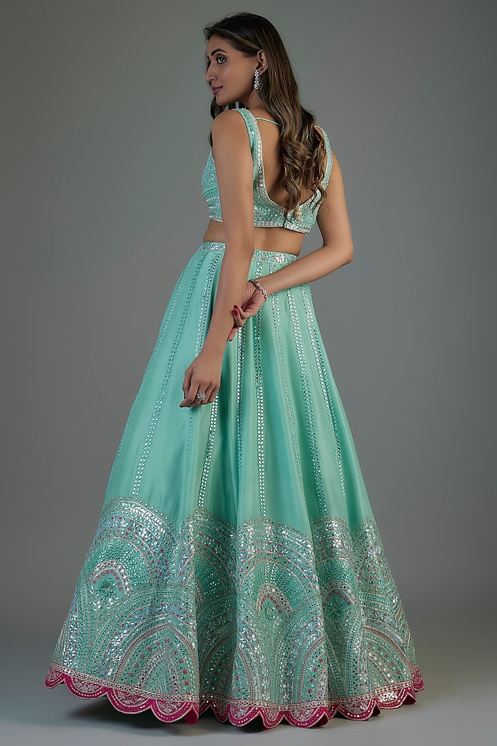 Aqua Organza Embroidered Bridal Lehenga Set by Aneesh Agarwaal at Pernia's Pop Up Shop