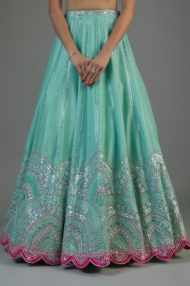 Aqua Organza Embroidered Bridal Lehenga Set by Aneesh Agarwaal at Pernia's Pop Up Shop