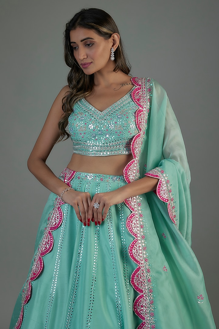 Aqua Organza Embroidered Bridal Lehenga Set by Aneesh Agarwaal at Pernia's Pop Up Shop