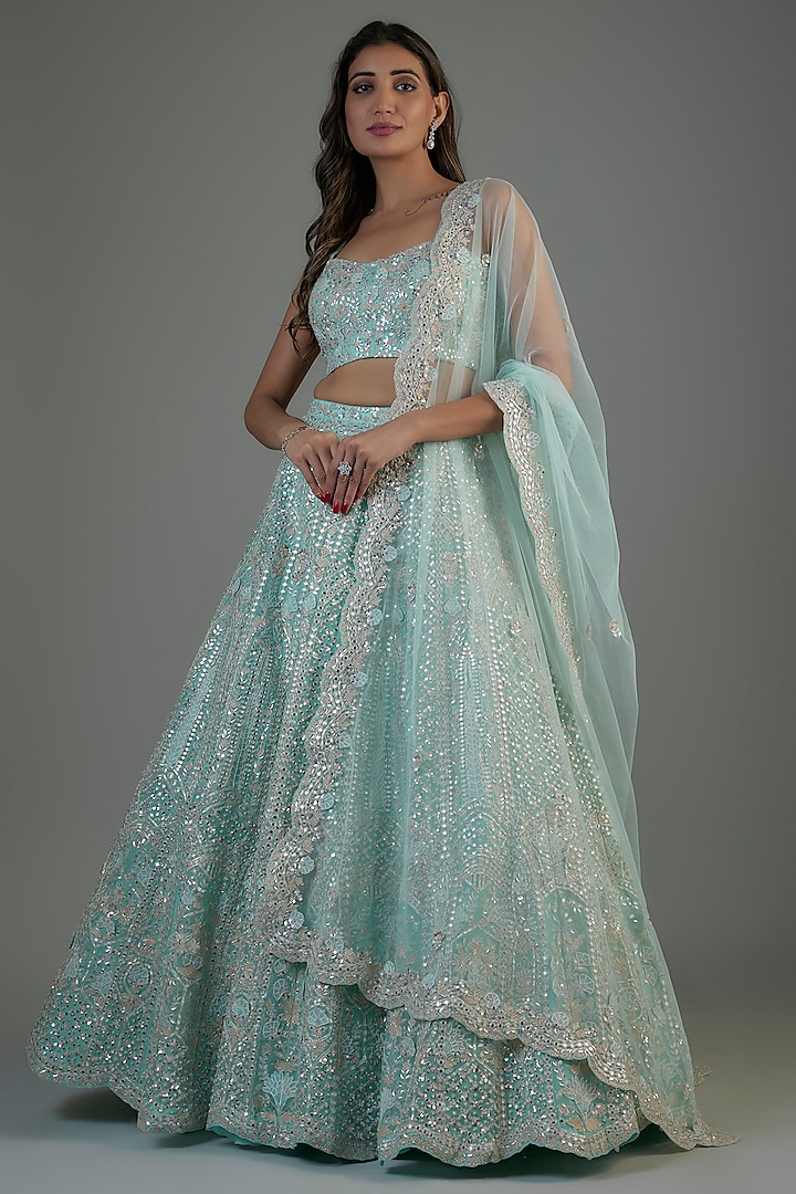 Blue Organza Embroidered Bridal Lehenga Set by Aneesh Agarwaal at Pernia's Pop Up Shop