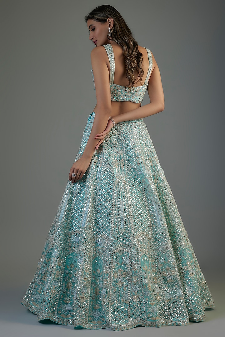 Blue Organza Embroidered Bridal Lehenga Set by Aneesh Agarwaal at Pernia's Pop Up Shop