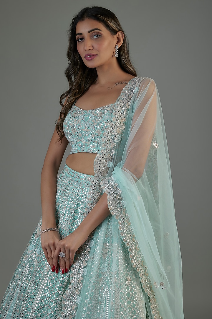 Blue Organza Embroidered Bridal Lehenga Set by Aneesh Agarwaal at Pernia's Pop Up Shop