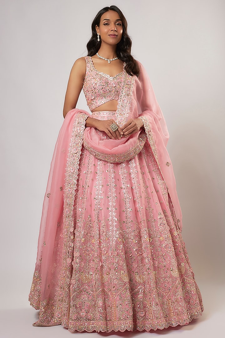 Peach Organza Cutdana Embroidered Bridal Lehenga Set by Aneesh Agarwaal at Pernia's Pop Up Shop