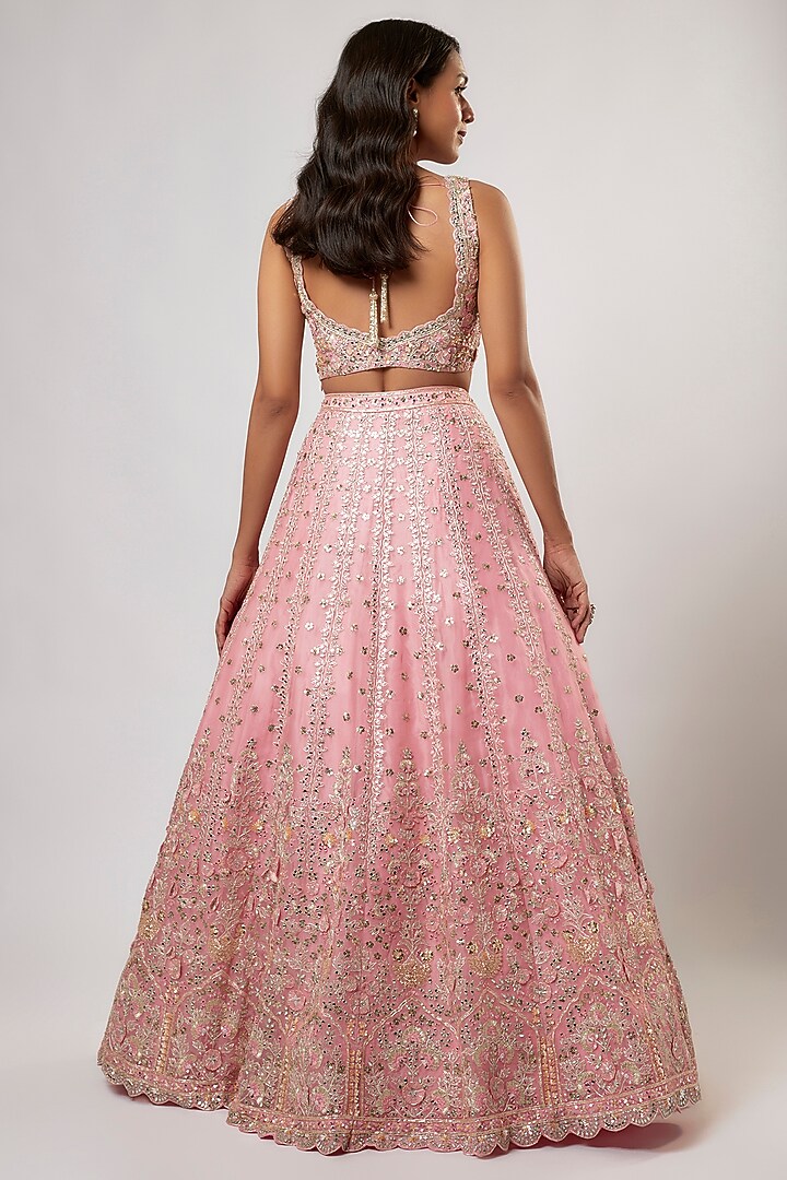 Peach Organza Cutdana Embroidered Bridal Lehenga Set by Aneesh Agarwaal at Pernia's Pop Up Shop