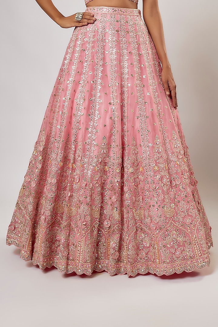 Peach Organza Cutdana Embroidered Bridal Lehenga Set by Aneesh Agarwaal at Pernia's Pop Up Shop