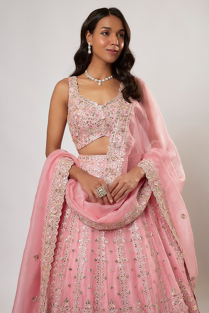 Peach Organza Cutdana Embroidered Bridal Lehenga Set by Aneesh Agarwaal at Pernia's Pop Up Shop