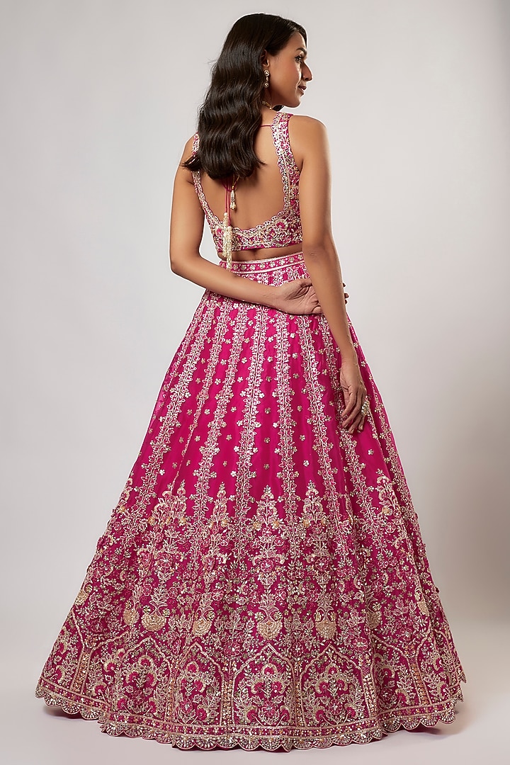 Hot Pink Organza Cutdana Embroidered Bridal Lehenga Set by Aneesh Agarwaal at Pernia's Pop Up Shop