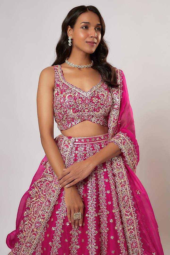 Hot Pink Organza Cutdana Embroidered Bridal Lehenga Set by Aneesh Agarwaal at Pernia's Pop Up Shop