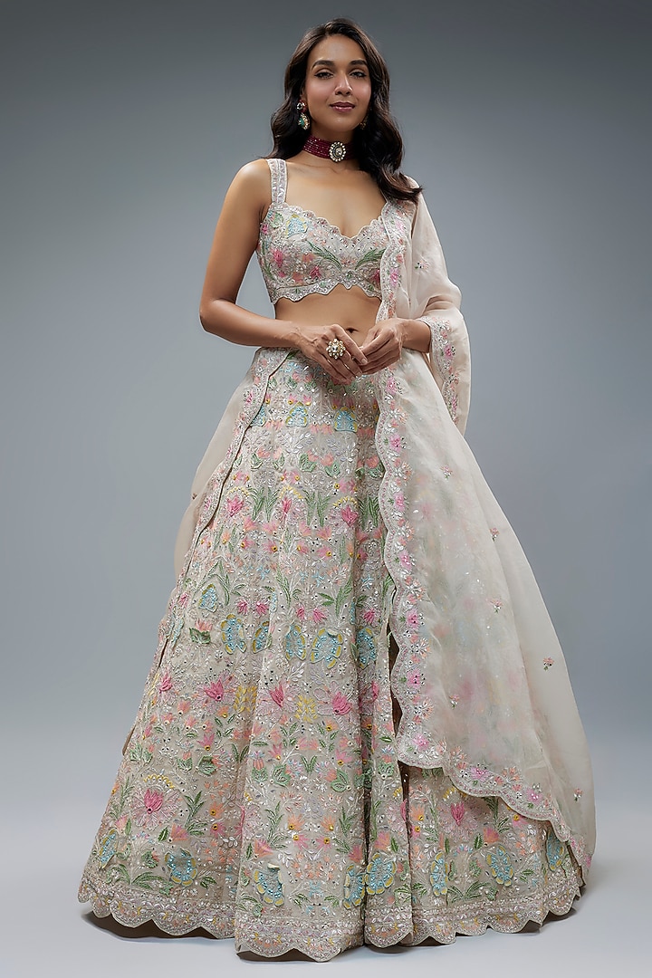 Ivory Organza Embroidered Bridal Lehenga Set by Aneesh Agarwaal at Pernia's Pop Up Shop