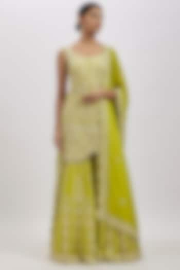 Lime Green Georgette Sequins Work Sharara Set by Aneesh Agarwaal at Pernia's Pop Up Shop