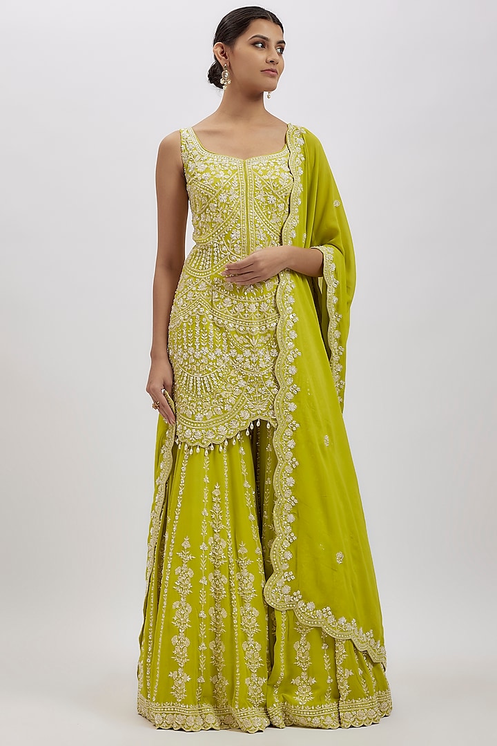 Lime Green Georgette Sequins Work Sharara Set by Aneesh Agarwaal at Pernia's Pop Up Shop