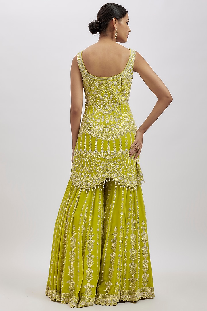 Lime Green Georgette Sequins Work Bridal Sharara Set by Aneesh Agarwaal at Pernia's Pop Up Shop