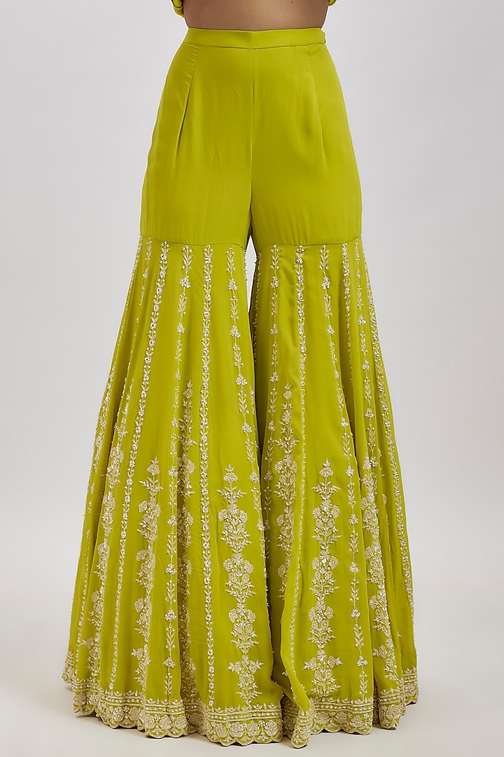 Lime Green Georgette Sequins Work Bridal Sharara Set by Aneesh Agarwaal at Pernia's Pop Up Shop