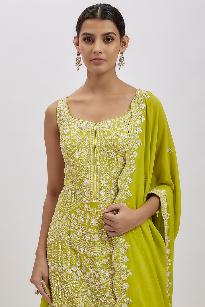 Lime Green Georgette Sequins Work Bridal Sharara Set by Aneesh Agarwaal at Pernia's Pop Up Shop