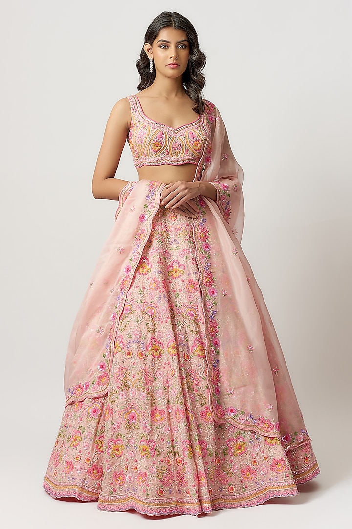 Rose Pink Organza Crystal Embroidered Bridal Lehenga Set by Aneesh Agarwaal at Pernia's Pop Up Shop