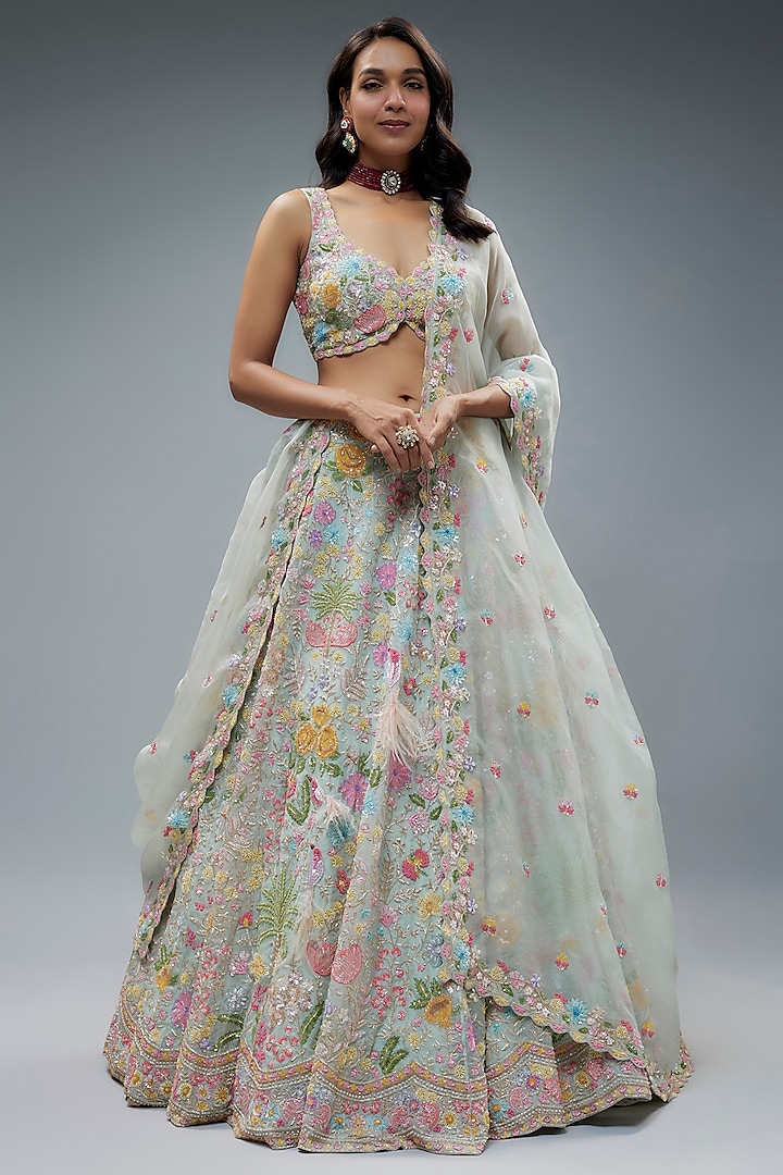Ice-Blue Lehenga with Red and Silver Appliqué main image 1