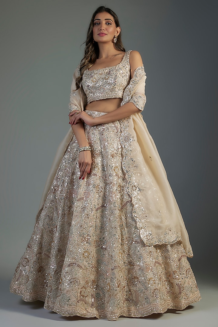 Ivory Organza Embroidered Bridal Lehenga Set by Aneesh Agarwaal at Pernia's Pop Up Shop